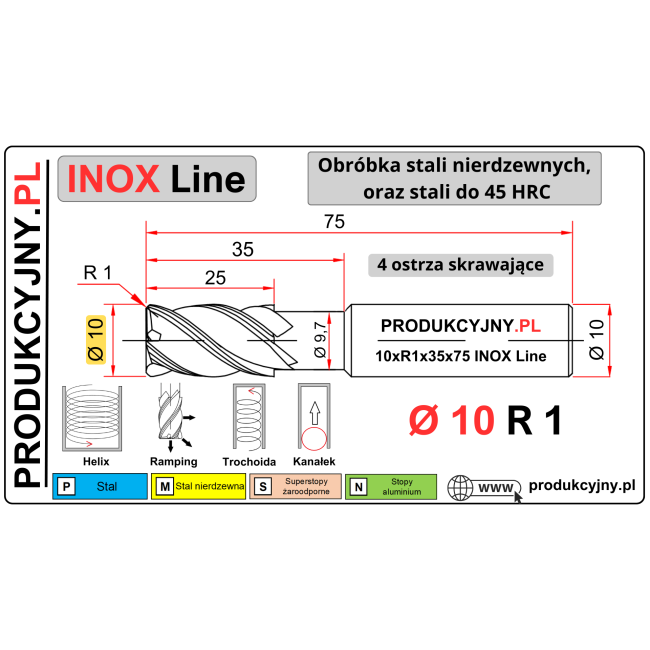 Frez z promieniem naroża fi 12 R1 INOX LINE